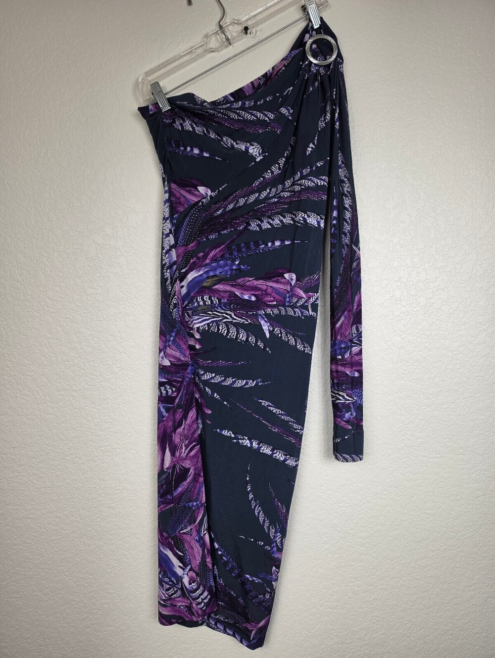 Vintage Roberto Cavalli Purple Leaf Print One Sleeve Dress